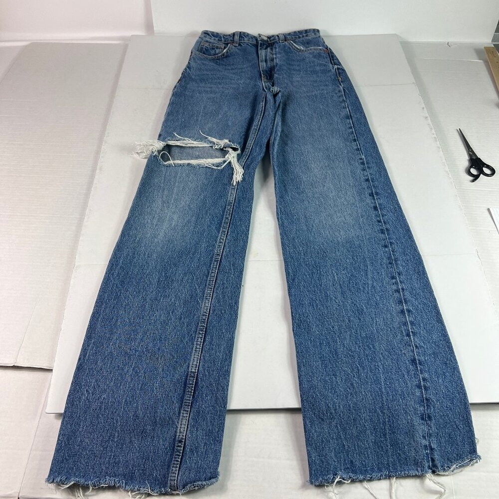 Zara Medium Blue Wide Leg Distressed Jeans